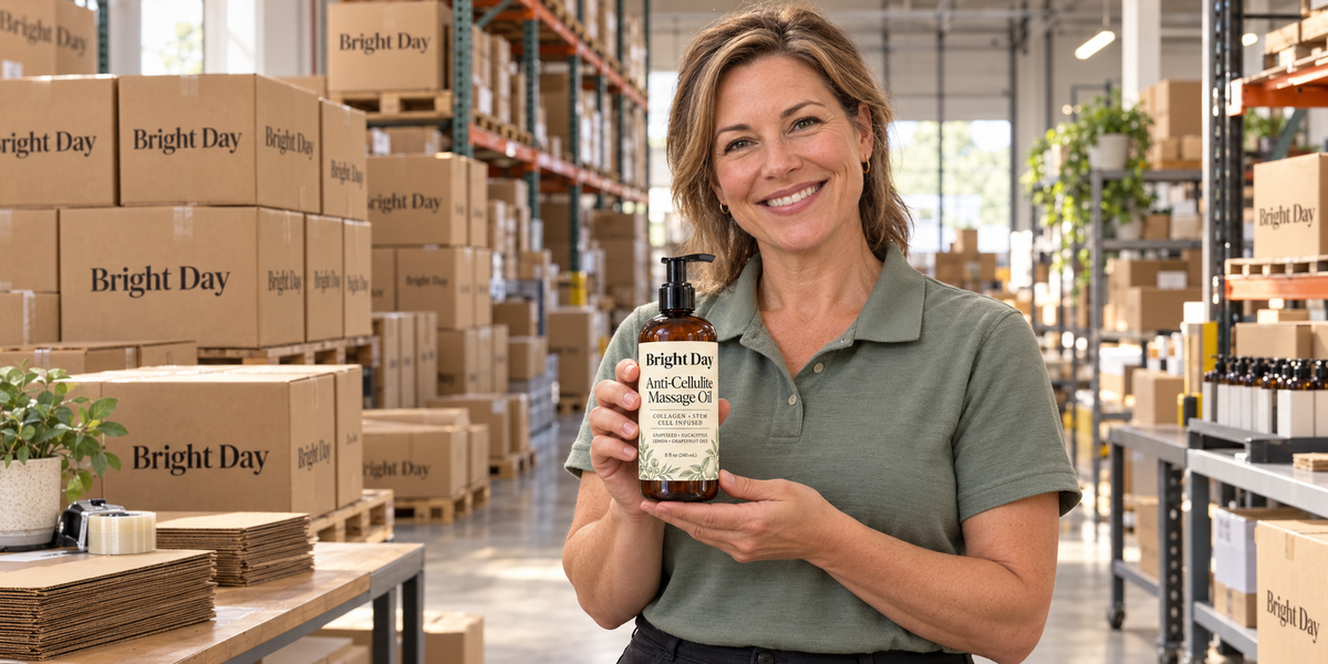 Woman holding Bright Day Anti-Cellulite Massage Oil among Bright Day boxes