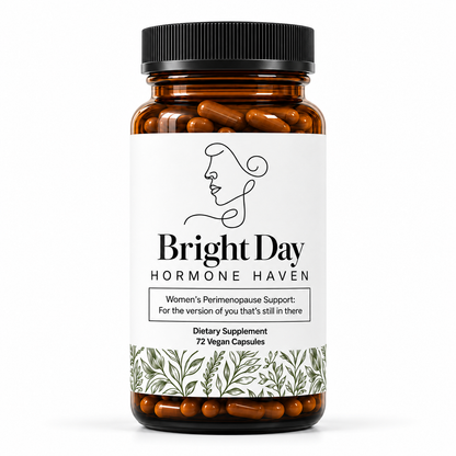 Bright Day Hormone Haven, 72 vegan capsules in an amber bottle on a white background