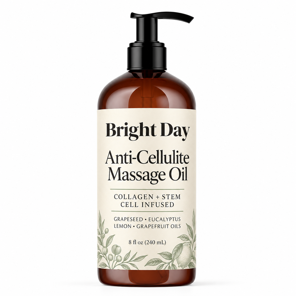 Bright Day Anti-Cellulite Massage Oil, 8 fl oz amber pump bottle