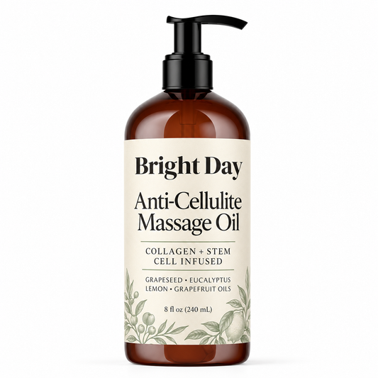 Bright Day Anti-Cellulite Massage Oil, 8 fl oz amber pump bottle