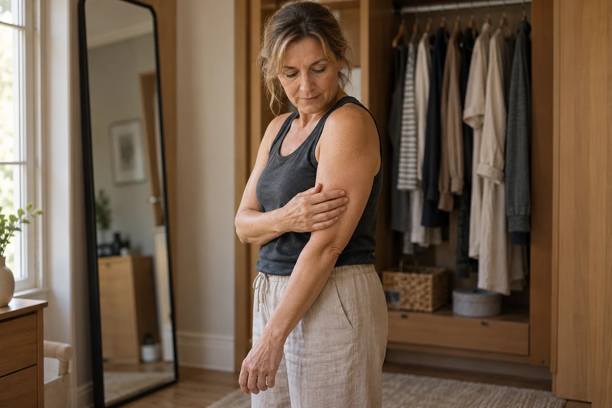 Woman gently touching her upper arm in a dressing room