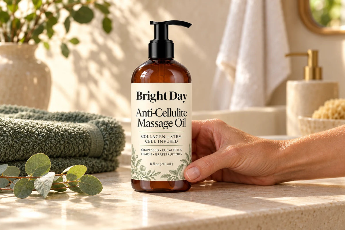 Bright Day Anti-Cellulite Massage Oil on a stone vanity beside a sage towel