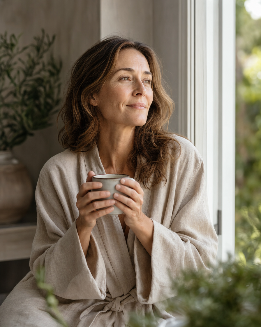 Illustrative image of a woman enjoying tea by a window